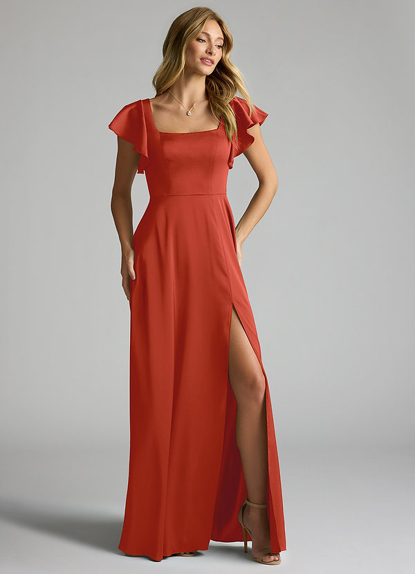 Azazie Bondi Bridesmaid Dresses Rust A-Line Bow Stretch Satin Dress image1