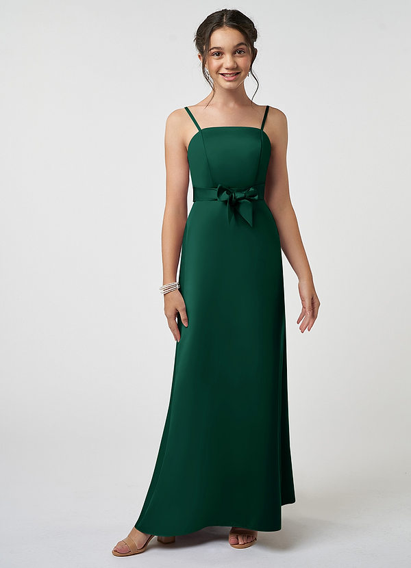 Azazie Anina Junior Robe Trapèze en Satin extensible Arc émeraude image1
