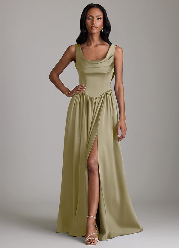 Azazie Novi Bridesmaid Dresses Moss Green A-Line with Pockets Stretch Satin Dress image1
