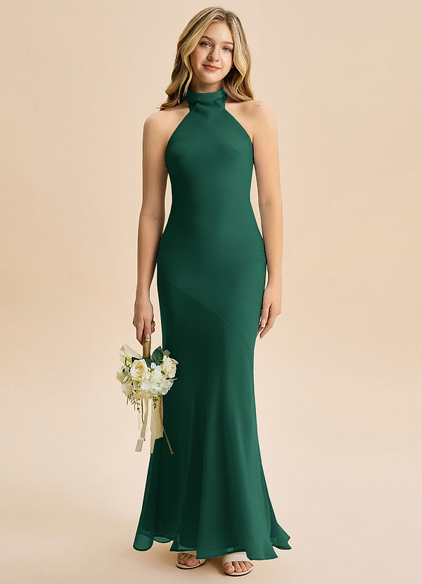 Azazie Velli Junior Vestido Esmeralda de Chiffon de sereia com Pescoço alto image1
