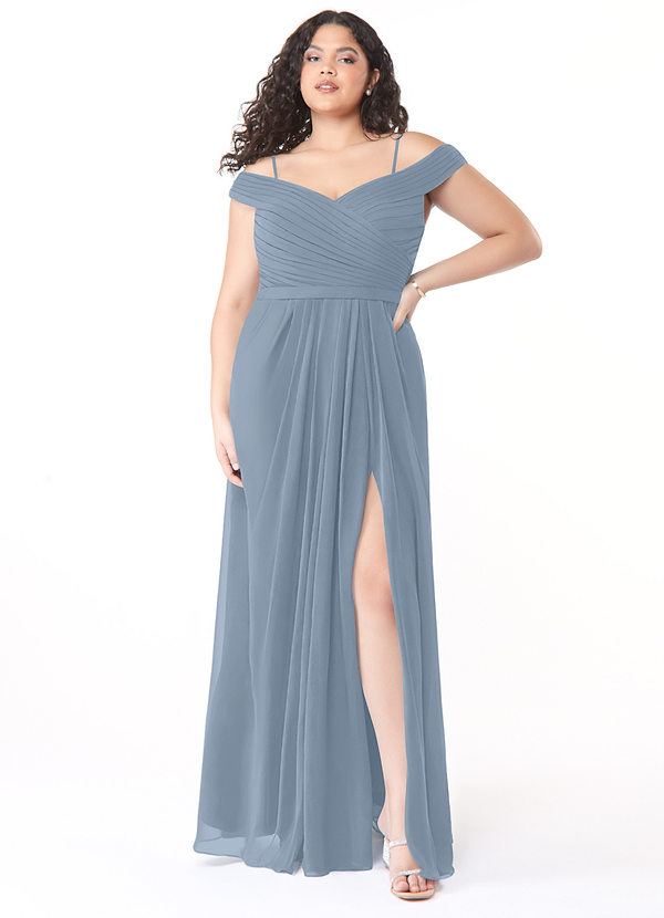 Azazie Audrianna Brautjungfernkleider Wandelbar A-Linie Schulterfrei gerafft Chiffon Kleid Staubblau image1