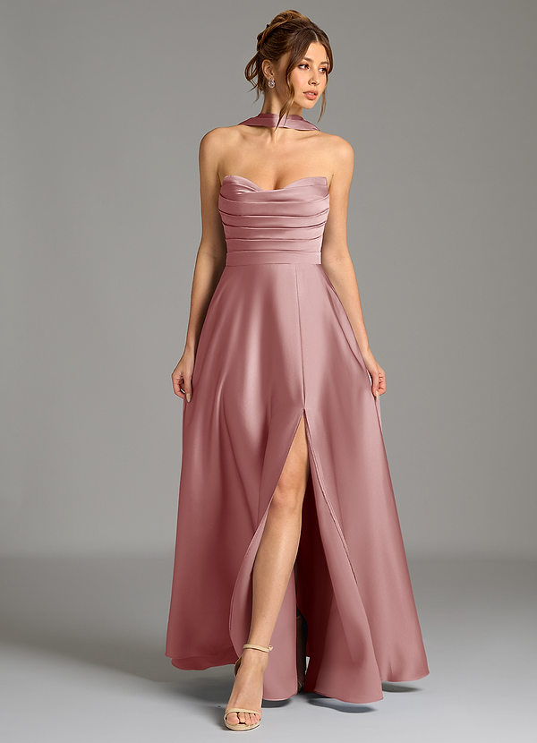 Azazie Ayla Vestidos Dama de Honor Vestido de Rosa Polvorienta de Satén Elástico de Corte en A con Corsé image1