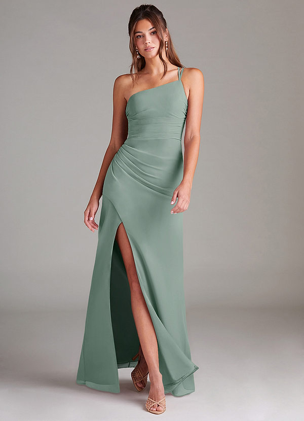 Azazie Eren Bruidsmeisjesjurken Jurk van Chiffon met Kolom One-shoulder Zilveren Salie image1