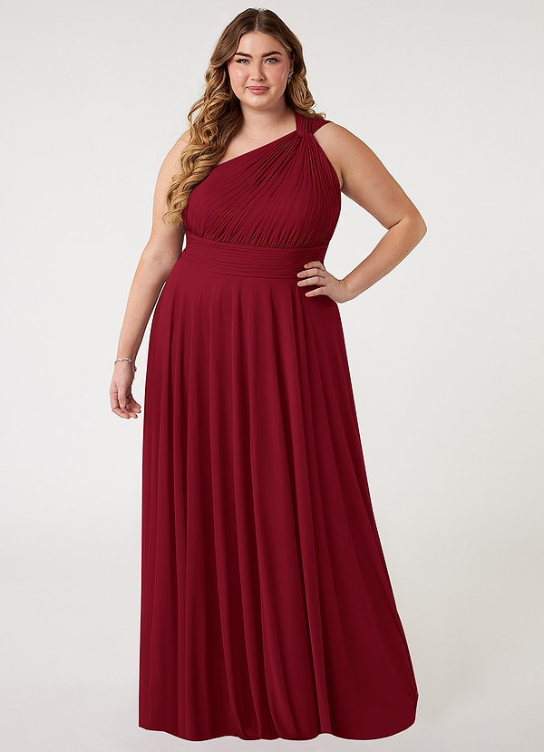 Azazie Charlize Bridesmaid Dresses Burgundy A-Line One Shoulder Mesh Dress image1