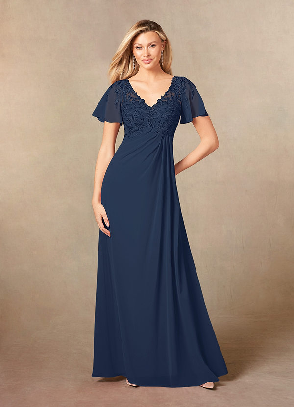 Azazie Holga Mother of the Brides Dresses Dark Navy A-Line V-Neck Lace Chiffon Dress image1