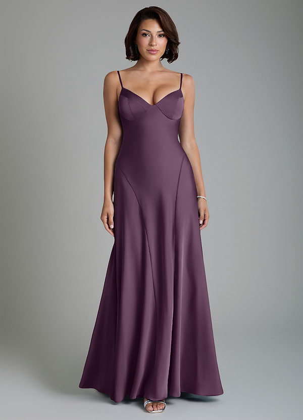 Azazie Tierra Bridesmaid Dresses Plum A-Line Corset Stretch Satin Dress image1