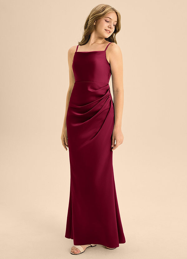 Azazie Renna Junior Robe Trapèze en Satin extensible Plissée Bourgogne image1