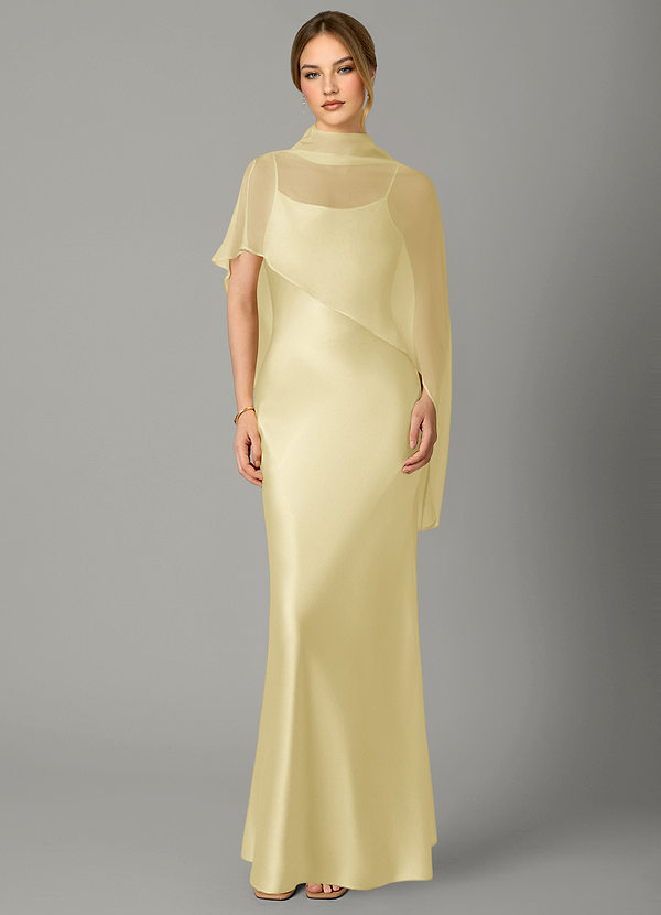 Azazie Jaleesa 신부 들러리 드레스 A라인 하이넥 스트레치 새틴 바닥 길이 드레스 image1