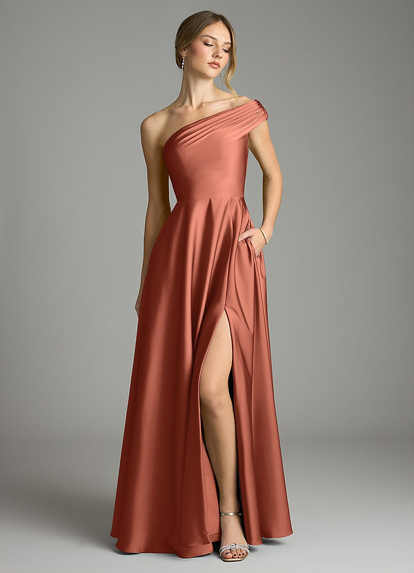 Azazie Melanie 신부 들러리 드레스 A라인 오프 더 숄더 스트레치 새틴 바닥 길이 드레스 image1