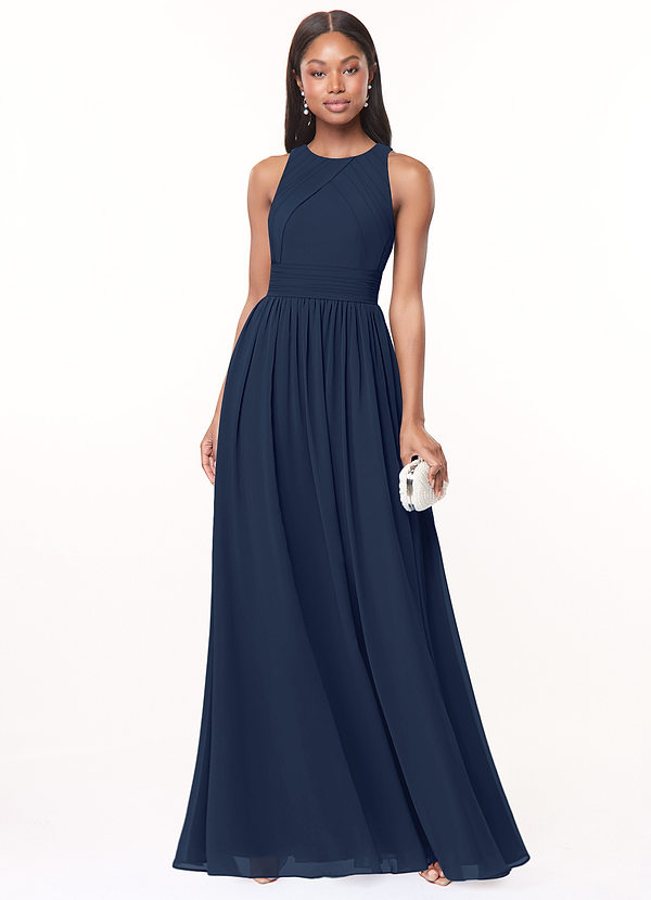 Azazie Harper Bridesmaid Dresses Dark Navy A-Line Pleated Chiffon Dress image1
