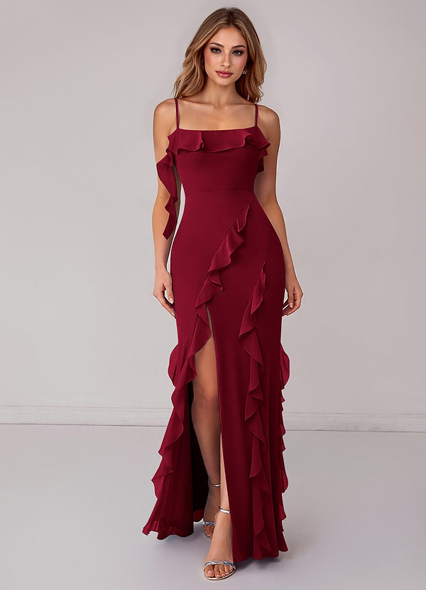 Azazie Malia Bridesmaid Dresses Burgundy Sheath Ruched Chiffon Dress image1