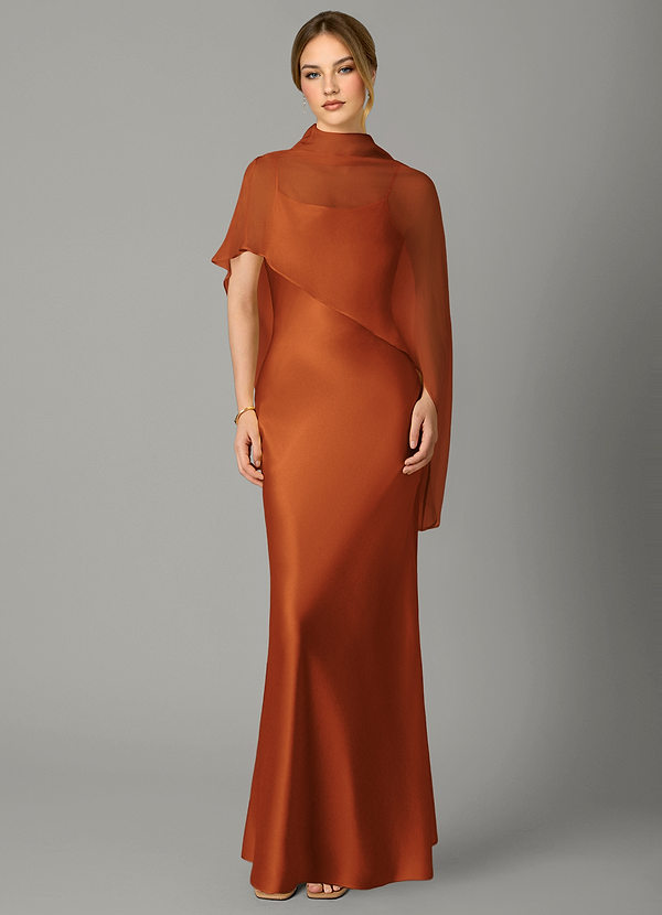 Azazie Jaleesa Bridesmaid Dresses Cinnamon A-Line High Neck Stretch Satin Dress image1
