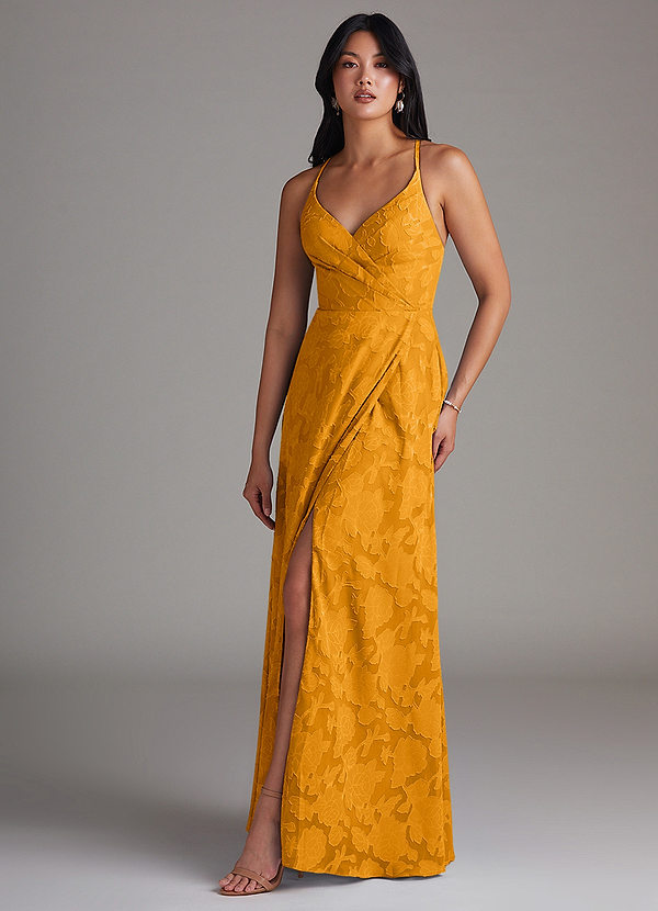 Azazie Davis Bridesmaid Dresses Butterscotch A-Line Pleated Floral Burnout Dress image1