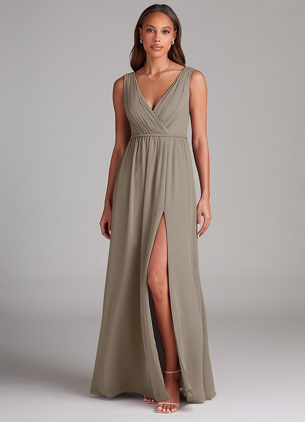 Azazie Tanicia Robes Demoiselle d'honneur Robe Trapèze en Mousseline de soie Plissée Taupe image1