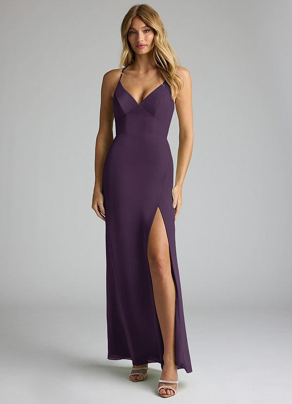 Azazie Becca Bridesmaid Dresses Plum Sheath V-Neck Chiffon Dress image1