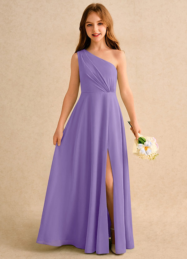 Azazie Puddles Girls Formal Sukienki dla dziewczynek sypiących kwiaty Linia A Jedno ramię Szyfon Długość podłogi Sukienka image1