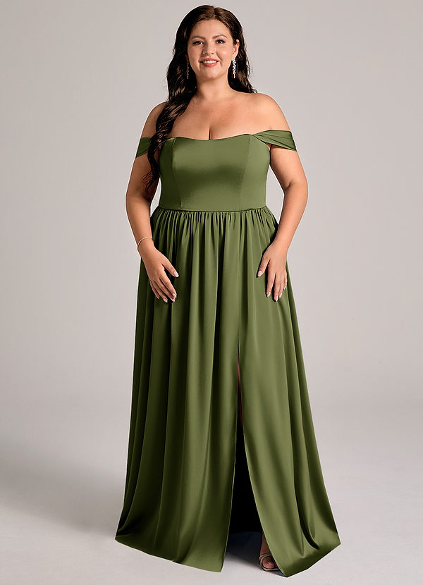 Azazie Calianna Bridesmaid Dresses Olive A-Line Off the Shoulder Stretch Satin Convertible Dress image1