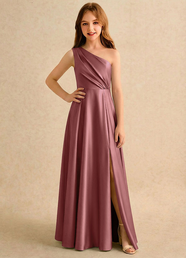 Azazie Puddles Girls Formal Flower Girl Dresses Amethyst A-Line One Shoulder Stretch Satin Dress image1