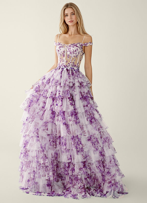 Farrah Purper Galajurk met tuleprint en A-lijn model image1