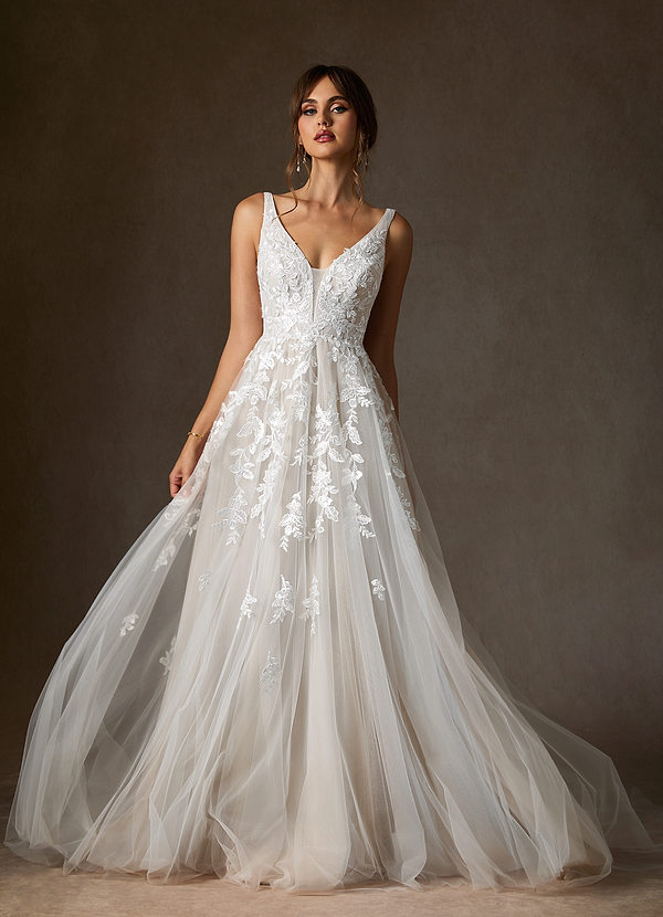 Azazie Sorella Wedding Dresses Diamond White A-Line V-Neck Sequins Tulle Dress image1