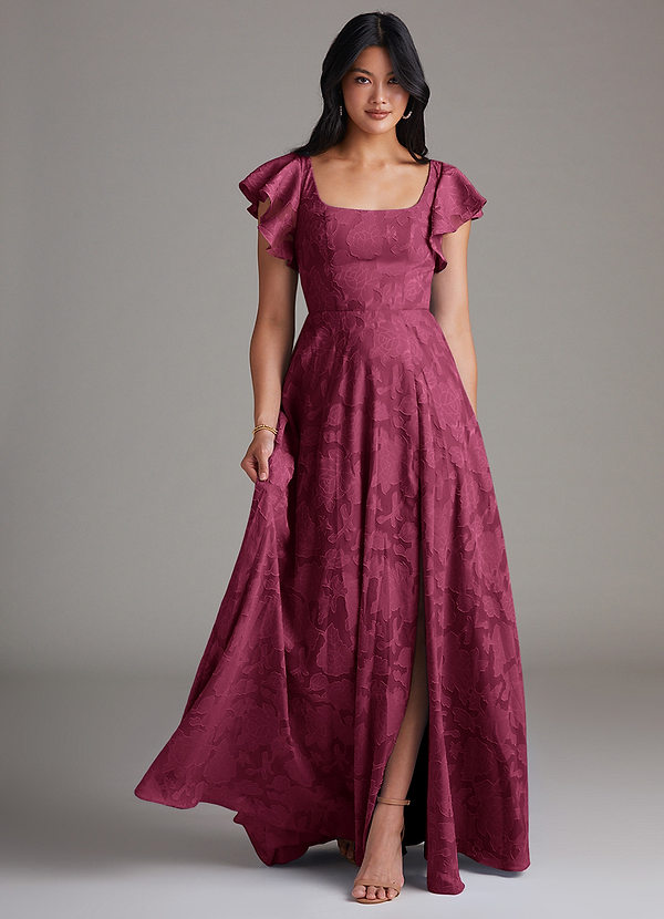 Azazie Bondi Bridesmaid Dresses Mulberry A-Line Side Slit Floral Burnout Dress image1