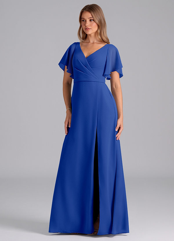 Azazie Ambrosia Bridesmaid Dresses Royal Blue A-Line Pleated Chiffon Dress image1