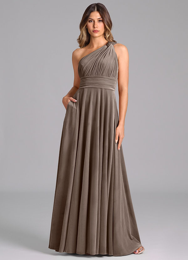 Azazie Charlize Robes Demoiselle d'honneur Robe Trapèze en velours Ue épaule Taupe Argenté image1