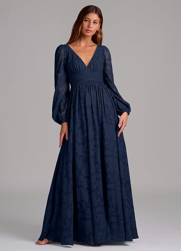 Azazie Norah Robes Demoiselle d'honneur Robe Trapèze en Blumen-Burnout Manche longue Bleu Marine Foncé image1