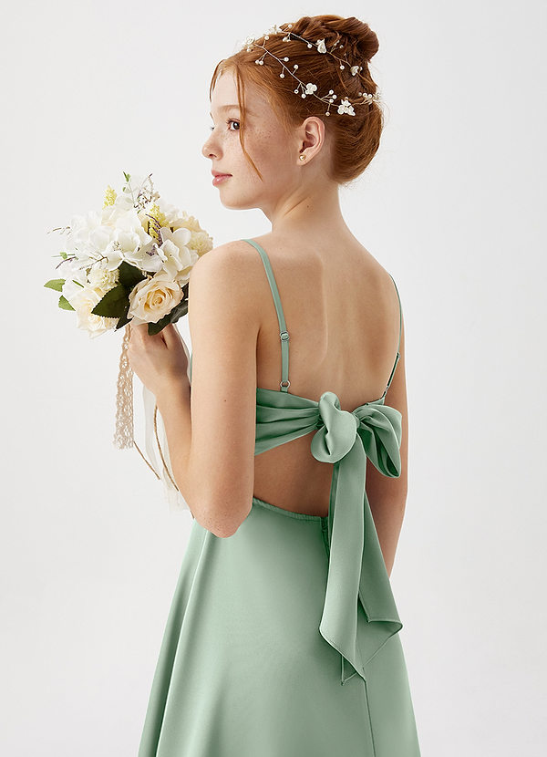 Azazie Shale Junior Agave A-Line Stretch Satin Dress image1