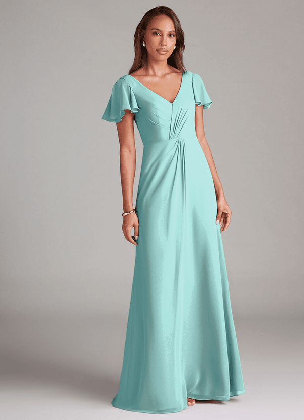 Azazie Soren Bridesmaid Dresses Aqua A-Line Ruched Chiffon Dress image1