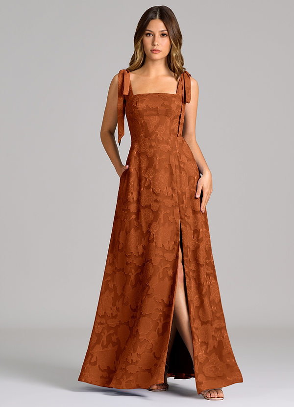 Azazie Debra Bridesmaid Dresses Burnt Orange A-Line with Pockets Floral Burnout Dress image1