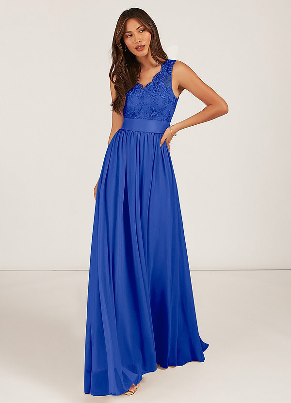 Azazie Gertrude Bridesmaid Dresses Royal Blue A-Line Lace Chiffon Dress image1