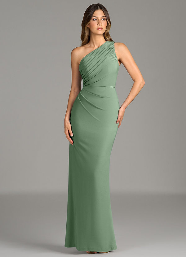 Azazie Akilah Vestidos de dama de honor Vestido Matcha de Jersey elástico de primera calidad de Corte Sirena con Un hombro image1
