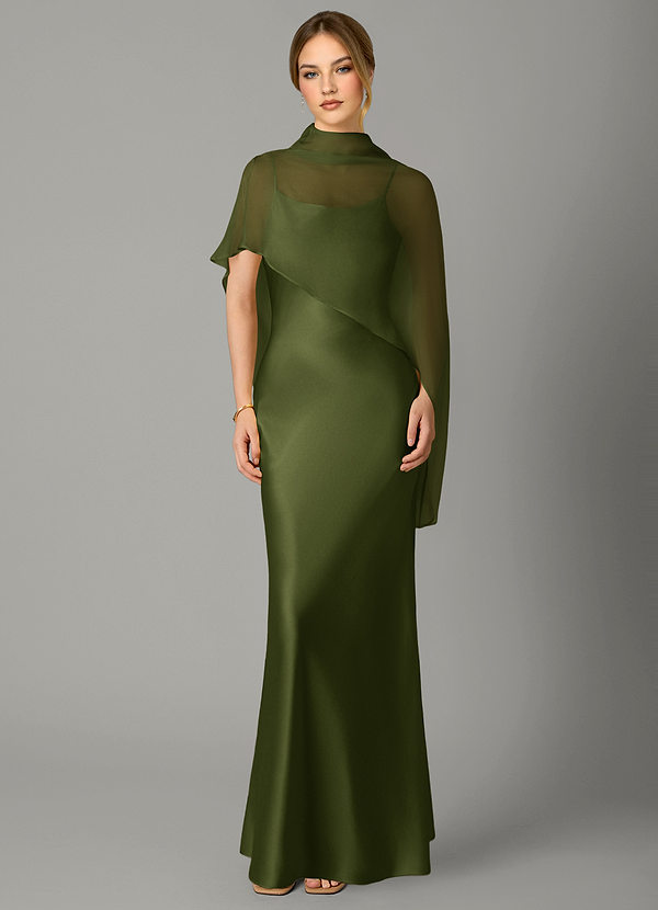 Azazie Jaleesa 신부 들러리 드레스 A라인 하이넥 스트레치 새틴 바닥 길이 드레스 image1