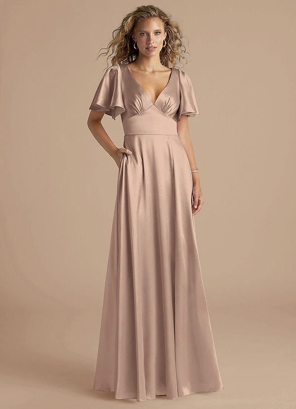 Azazie Kimber Bridesmaid Dresses Taupe A-Line Ruched Metallic Satin Dress image1