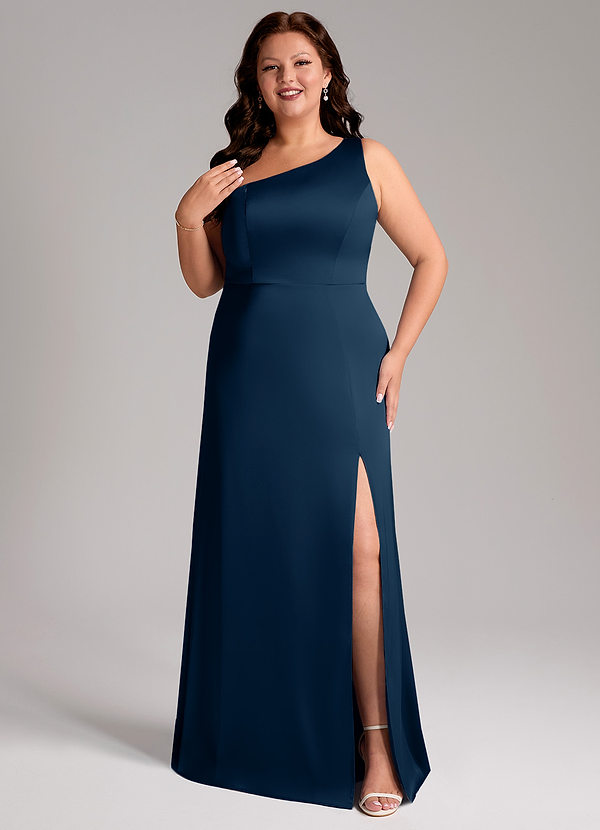 Azazie Phaedra Vestidos Dama de Honor Vestido de Azul Marino Oscuro de Satén Elástico de Corte en A con Hombro unilateral image1