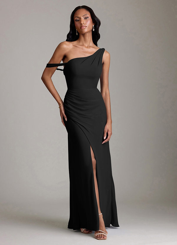 Azazie Madelyn Bridesmaid Dresses Black Mermaid One Shoulder Chiffon Convertible Dress image1