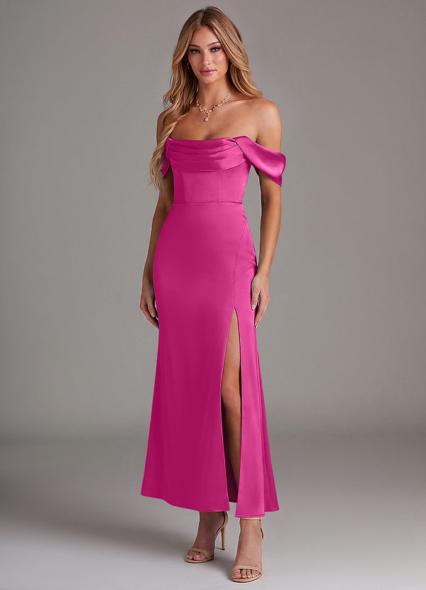 Azazie Saige 신부 들러리 드레스 인어 오프 더 숄더 스트레치 새틴 발목 길이 드레스 image1