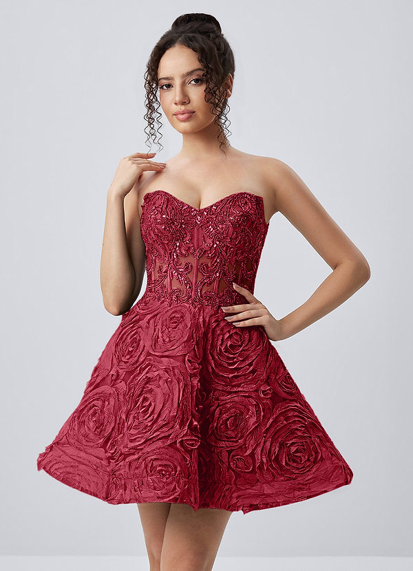 Mathilde Burgundy Strapless 3D Rose Mesh Corset Skater Mini Dress image1