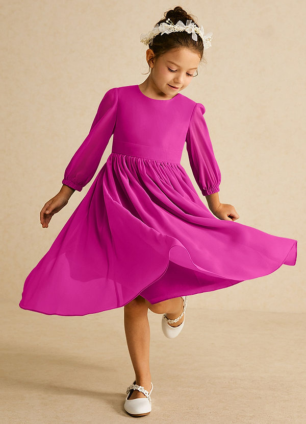 Azazie Lolo Abiti da Ragazza di Fiori Abito A-Line in Chiffon Con Maniche Fucsia image1