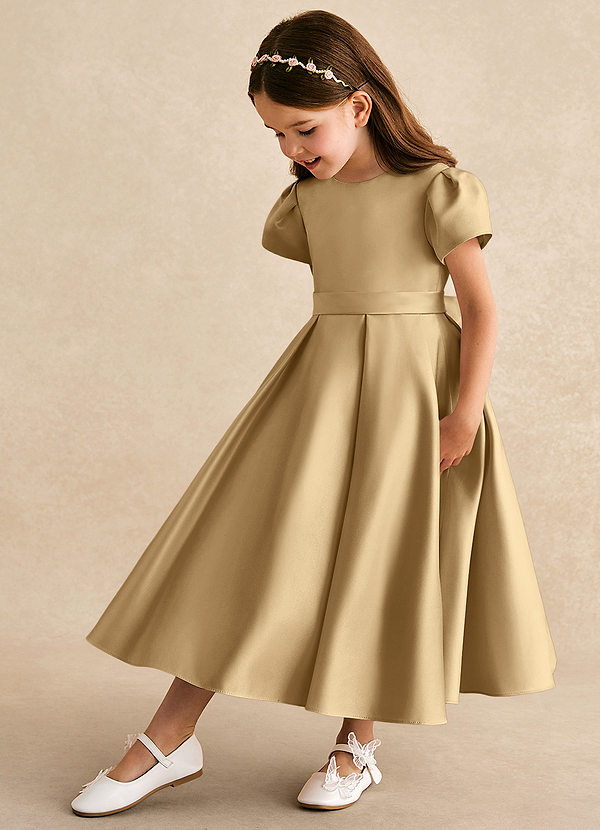 Azazie Princess Flower Girl Dresses Gold A-Line Pleated Matte Satin Dress image1
