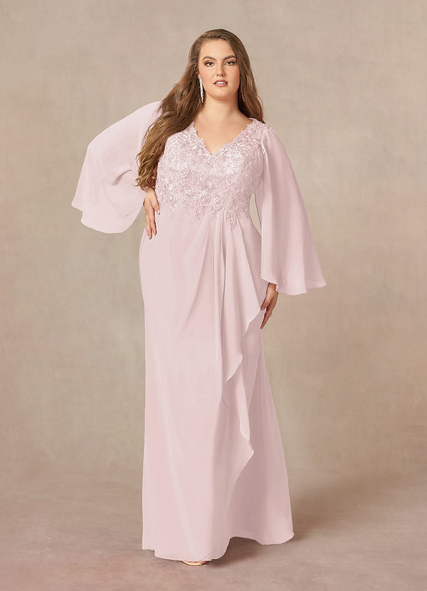 Azazie Perry Mother of the Brides Dresses Blushing Pink Mermaid V-Neck Lace Chiffon Dress image1