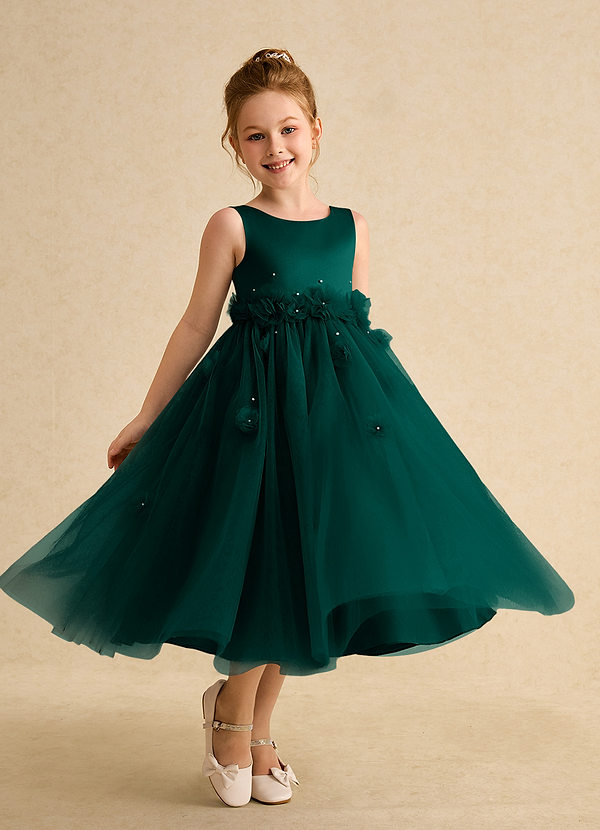Azazie Lux Flower Girl Dresses Pine A-Line Beaded Tulle Dress image1