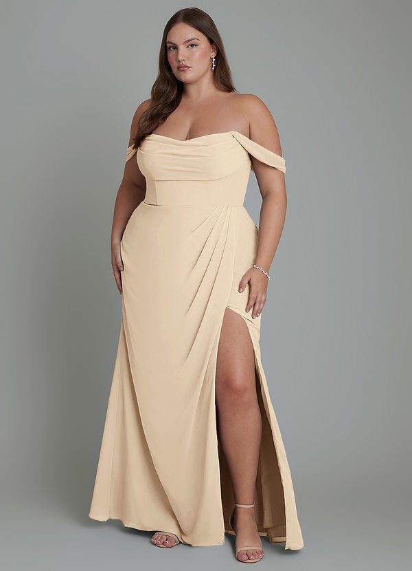 Azazie Johana Bruidsmeisjesjurken Converteerbaar Jurk van Chiffon met Zeemeermin Off-shoulder Champagne image1