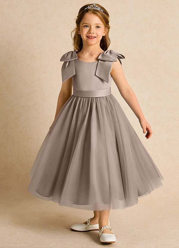 Azazie Serene Abiti da Ragazza di Fiori Abito Principessa in Raso Opaco Fiocco Taupe image1