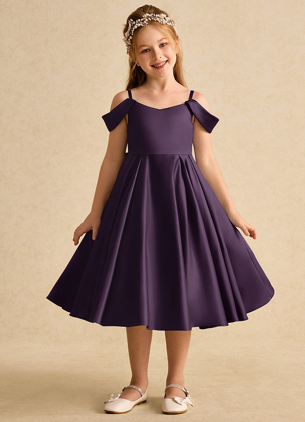 Azazie Favia Robes de Fillette d'Honneur Robe Trapèze en Mat Satiné Épaule décolletée Prune image1