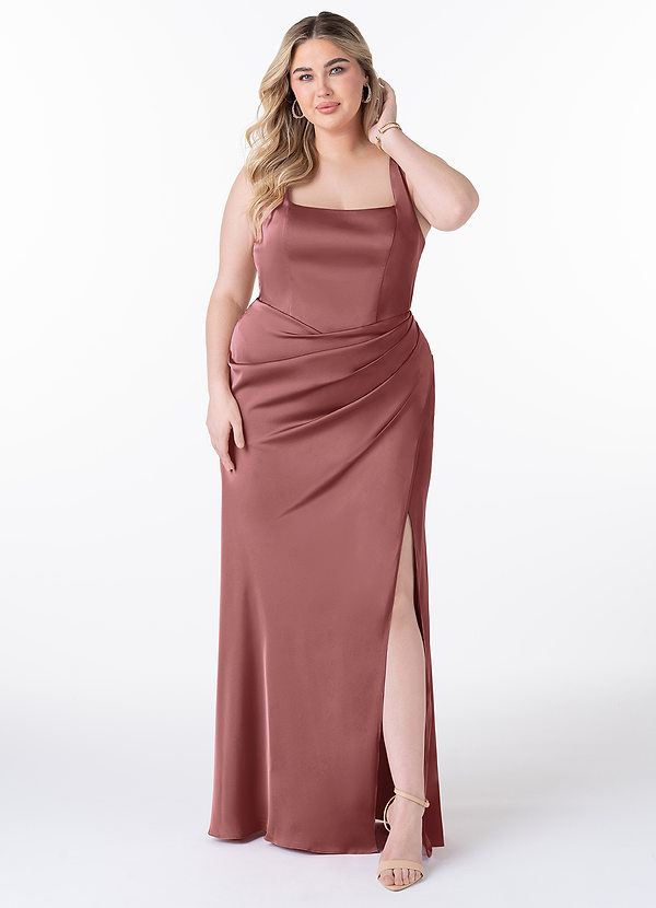 Azazie Mero Bridesmaid Dresses Amethyst Sheath Pleated Stretch Satin Dress image1