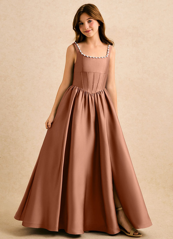 Azazie Enid Girls Formal Sukienki dla dziewczynek sypiących kwiaty Linia A Zroszony Satyna elastyczna Długość podłogi Sukienka image1