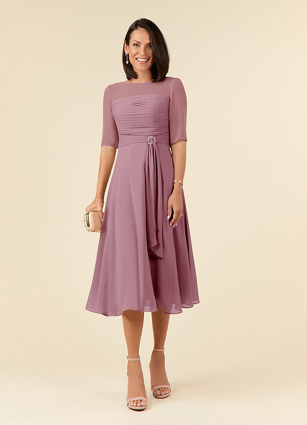 Azazie Naomi Mother of the Brides Dresses Vintage Mauve A-Line Boatneck Pleated Chiffon Dress image1