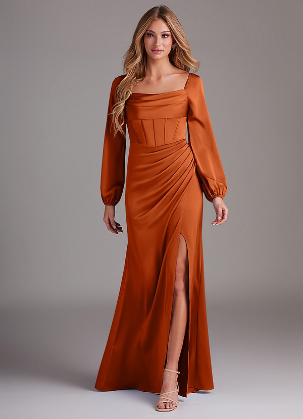 Azazie Charissa Bridesmaid Dresses Burnt Orange Sheath Long Sleeve Stretch Satin Dress image1